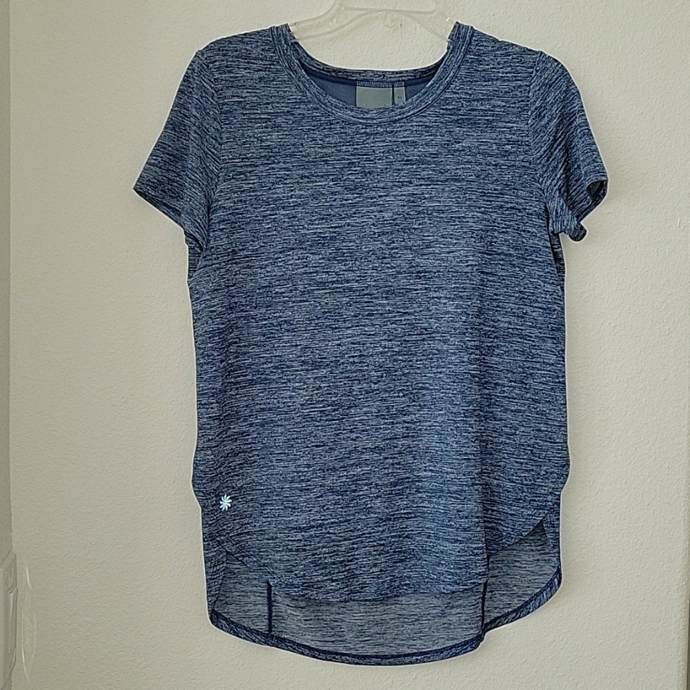 ATHLETA HI-LO Short Sleeve Top, XS, HEATHERED BLUE, EUC